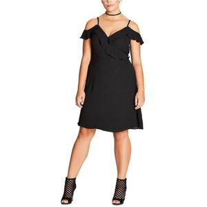 City Chic Lulu Wrap Dress Ruffle Off the Shoulder Cold Shoulder Black